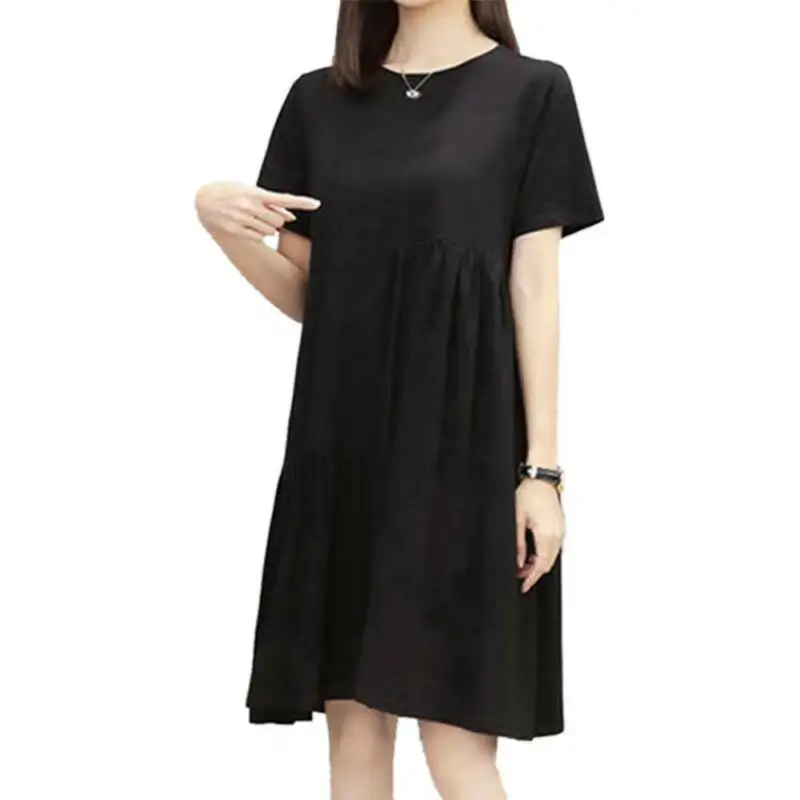 

Womens Plain Short Sleeve Pleated Dress Summer Casual Baggy Dresses Plus Size
