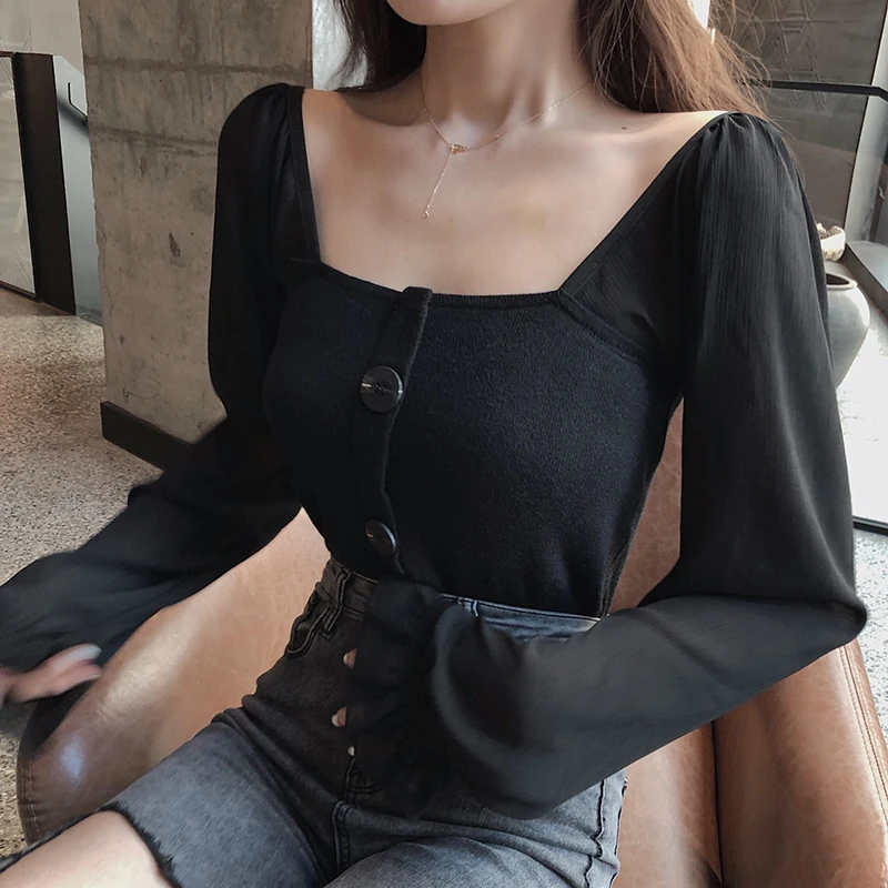 Women Slim Patchwork Chiffon Full Lantern Sleeve Square Collar Cropped T-Shirts Lady Knitted Stretchy Crop Tops Tshirt For Girls