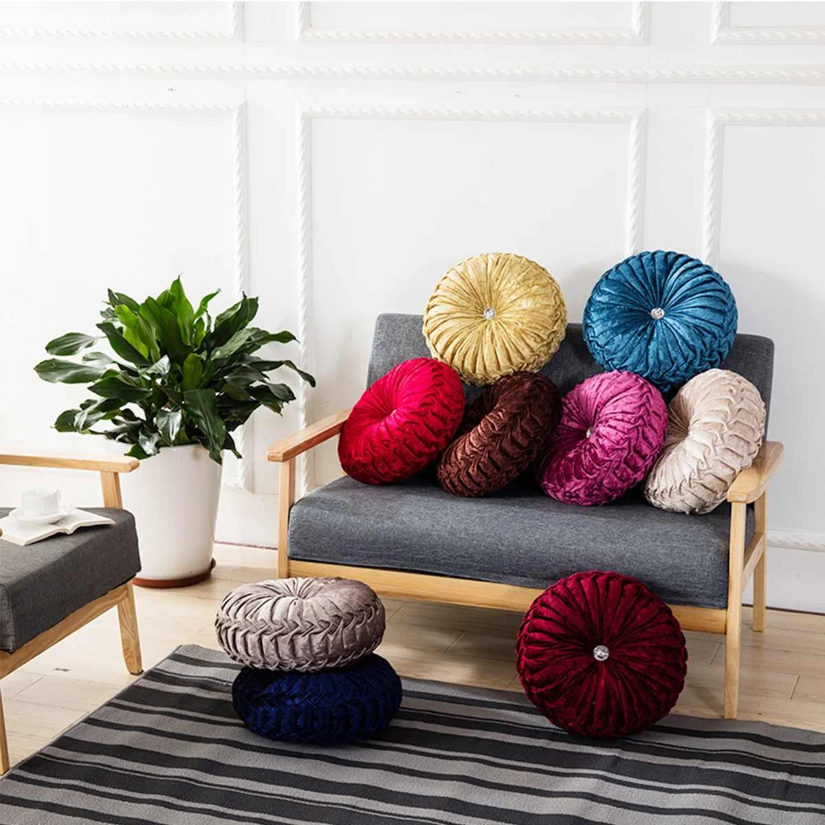 Бархатная плиссированная круглая подушка с изображением тыквы напольный декор