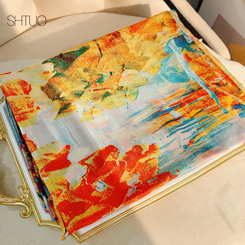 

Oversize Real Silk Scarves For Women Elegant Floral Print Bandana Van Gogh Art Series Neck Scarf Colorful Shawls 190x130cm