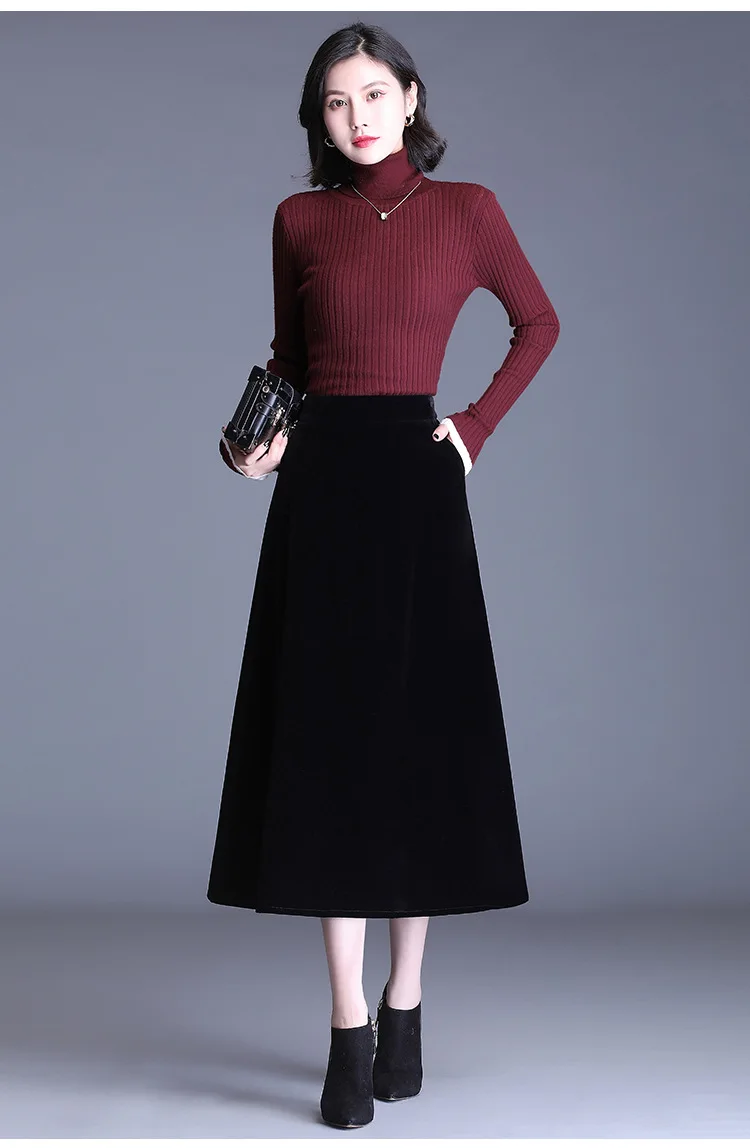 

Autumn Winter Black Pleuche High Waist Plus Size Women Long Skirt Office Lady Elegant Slim Casual A-line Skirts Female 4XL1657