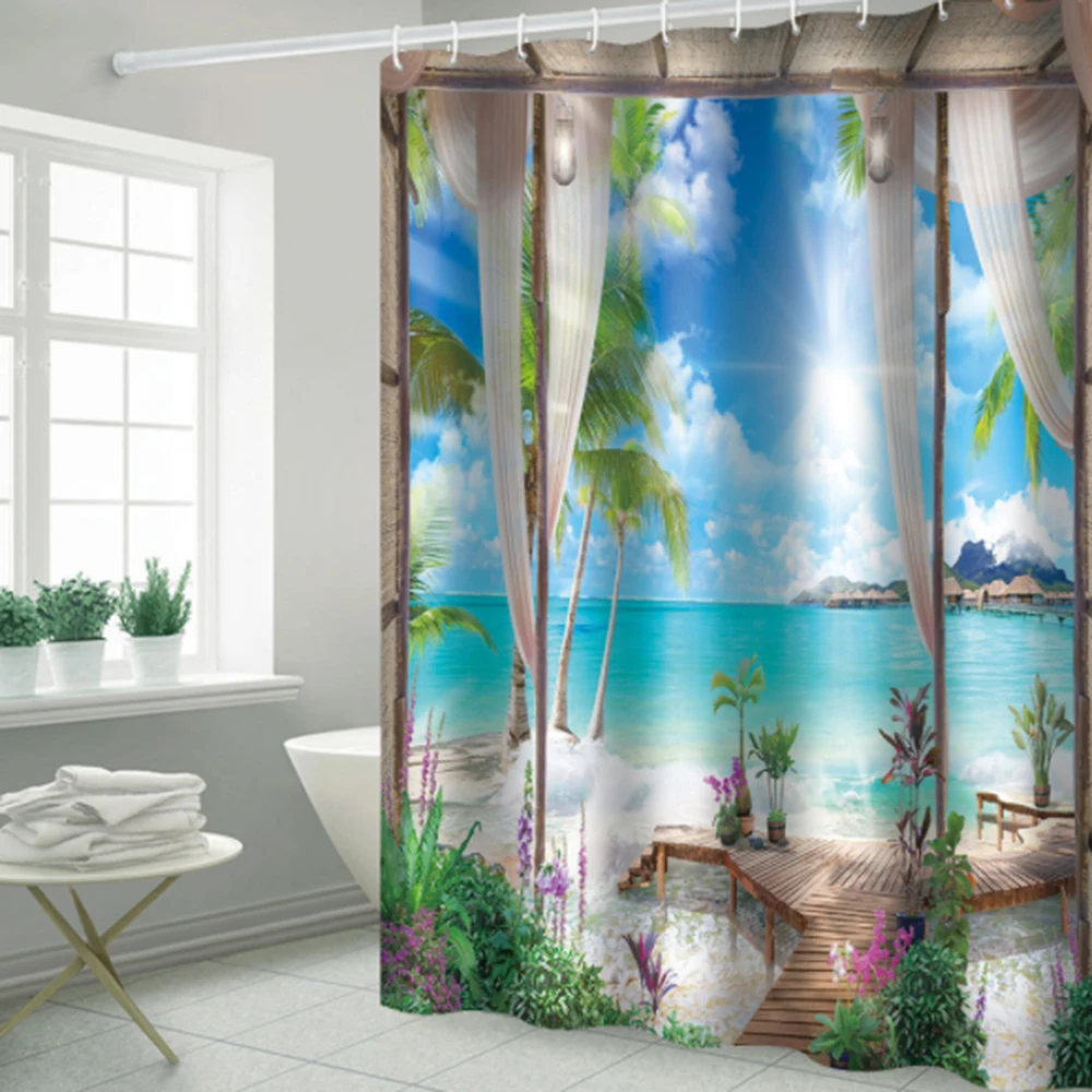 

Tropical Bay Printing Shower Curtains Waterproof Bathtub Hanging Curtains with 12pcs Hooks for Bathroom