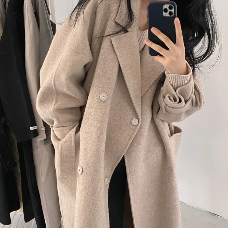

Теплое Женское пальто, новое теплое двустороннее шерстяное пальто, длинное шерстяное пальто с длинным рукавом для женщин
