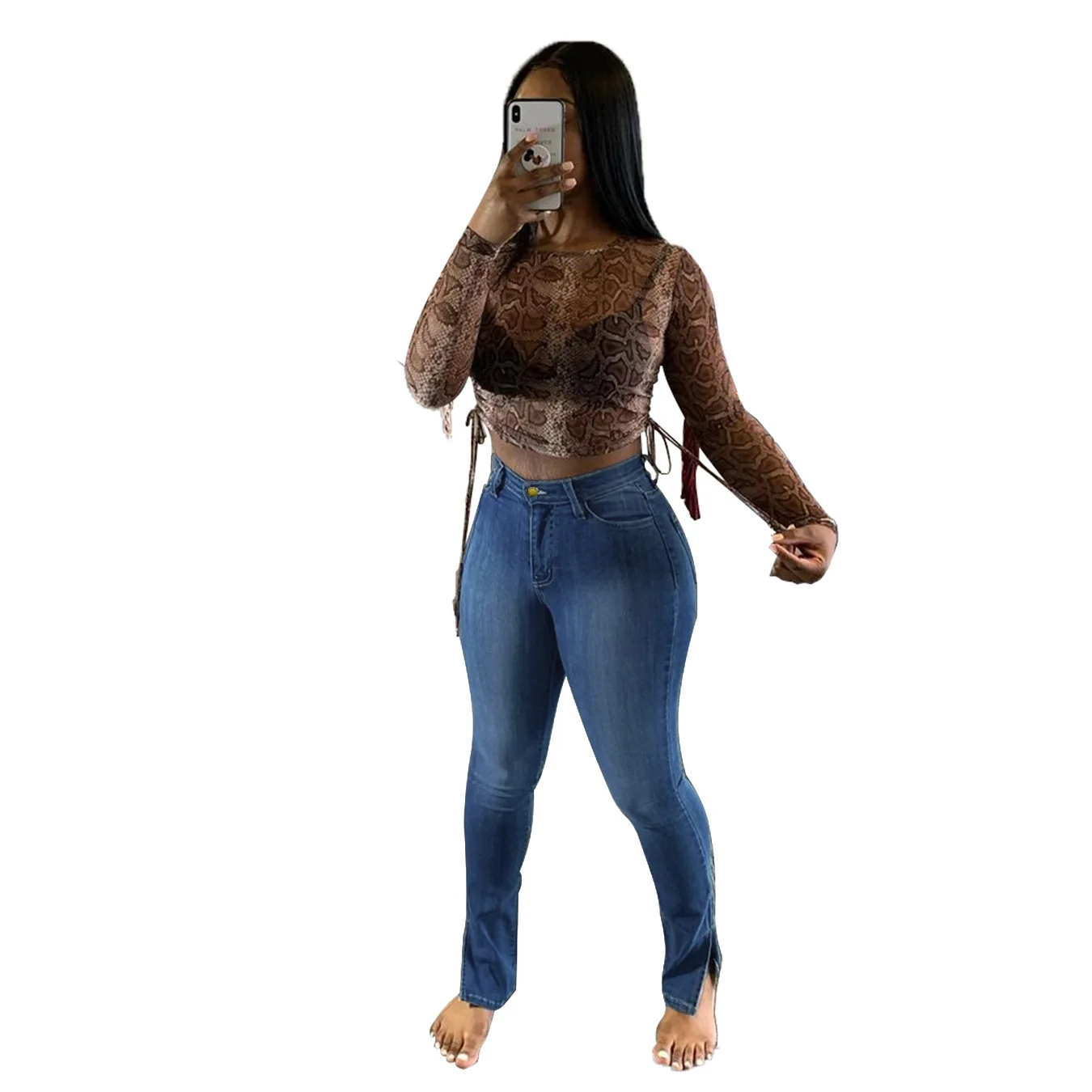 

2021 slim women's jeans high-waist split-leg trousers