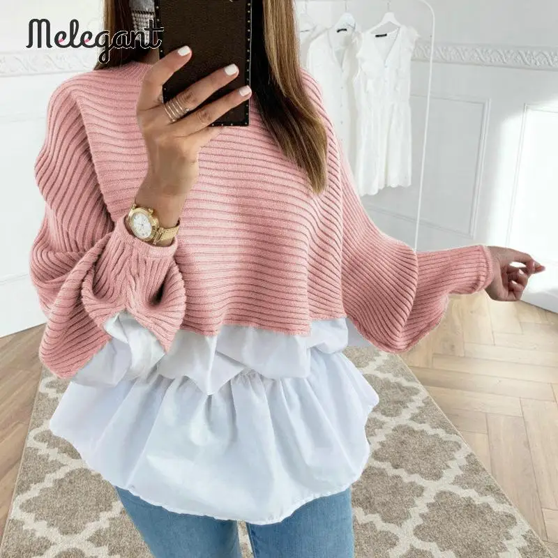 Элегантный винтажный трендовый вязаный пуловер с оборками и круглым вырезом