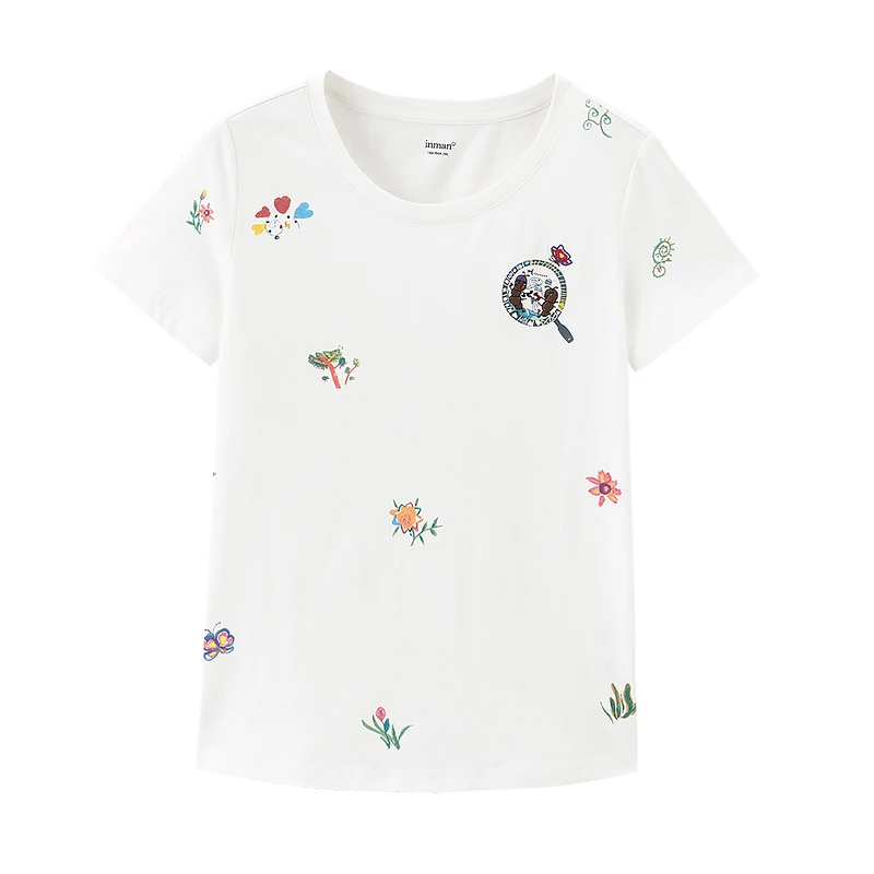 

INMAN Summer T-Shirt Lady Round Collar Cute Style Interesting Animal Pattern Embroidery Women Short Sleeve Top