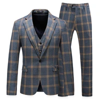 mens 3 piece plaid suit business slim jacket groom wedding tuxedo blazer trousers vest