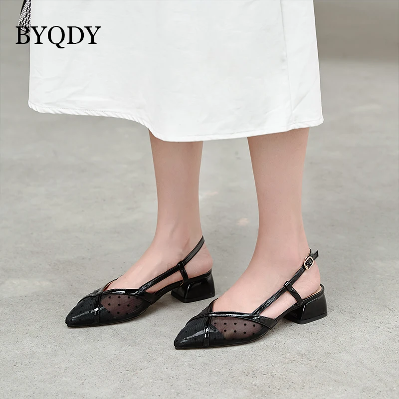 

BYQDY 2021 Spring Ankle Strap Woman Pumps Pointed Toe Thick Heels Worker Shoes Mesh Embroidery Shallow Pumps Casual Dress Shoes