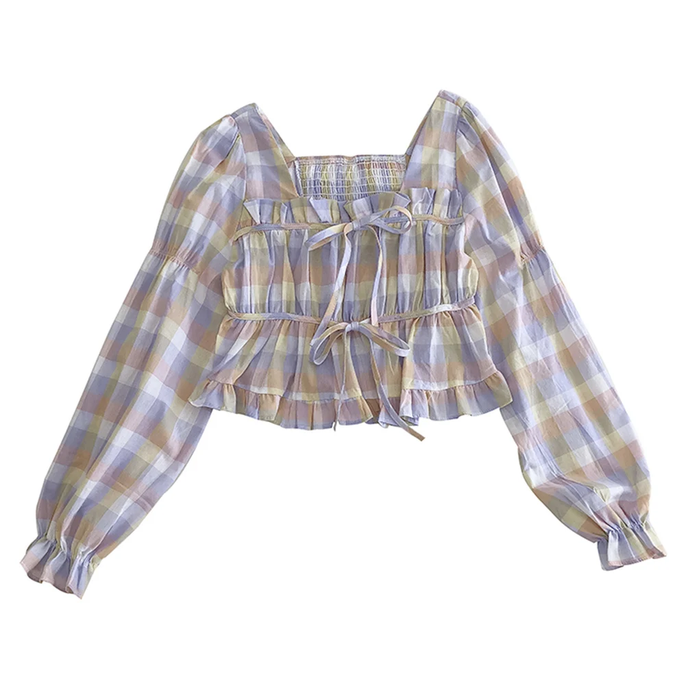 

Sweet Women Square Neck Puff Sleeve Blouse Ruffled Hem Plaid Bandage Crop Top