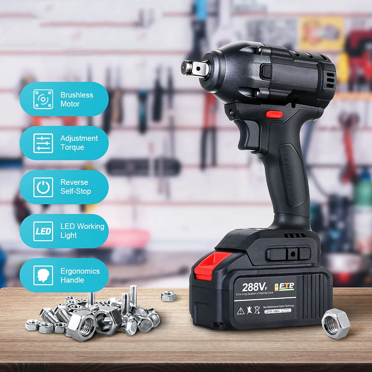 

288VF Brushless Cordless Electric Impact Wrench With 15000mAh Li-ion Battery Rechargeable Electric 380N.m Wrench Power Tools