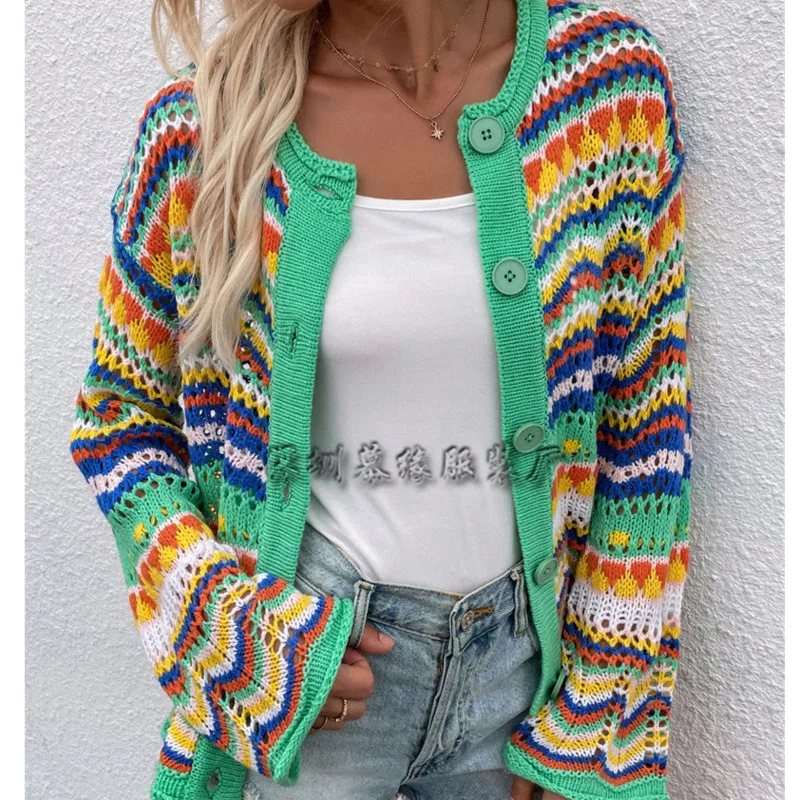

new striped sweater women's loose size rainbow T-shirt button cardigan