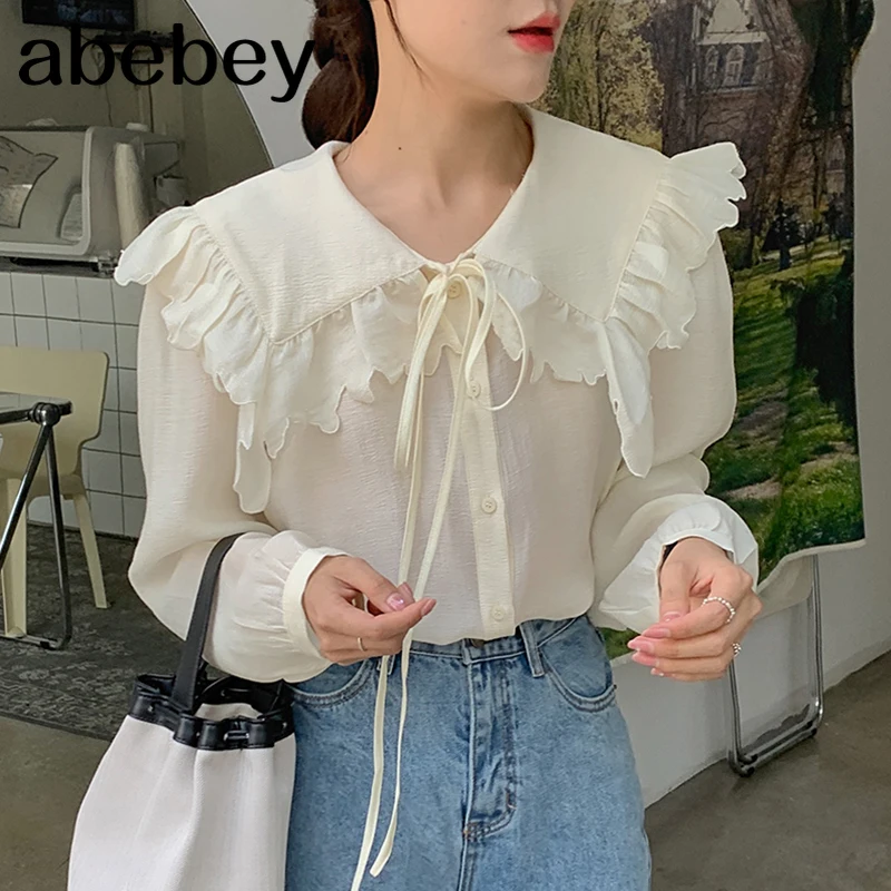 

Новинка весна-осень Милая универсальная кружевная рубашка с отложным воротником и длинным рукавом кружевная Свободная рубашка с бантом То...