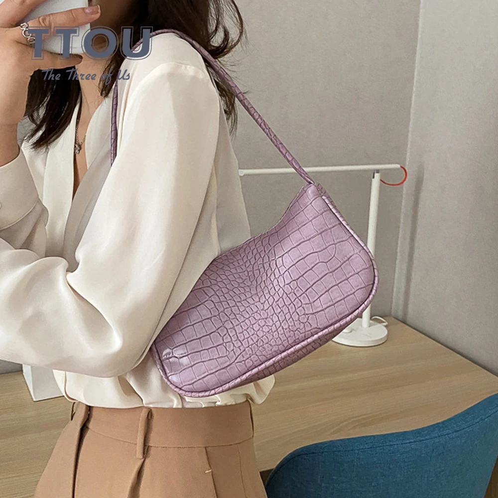 

Crocodile Pattern Leather Underarm Shoulder Bag for Women 2022 Simple Banded Ladies Handbag Solid Color Casual Female Purse