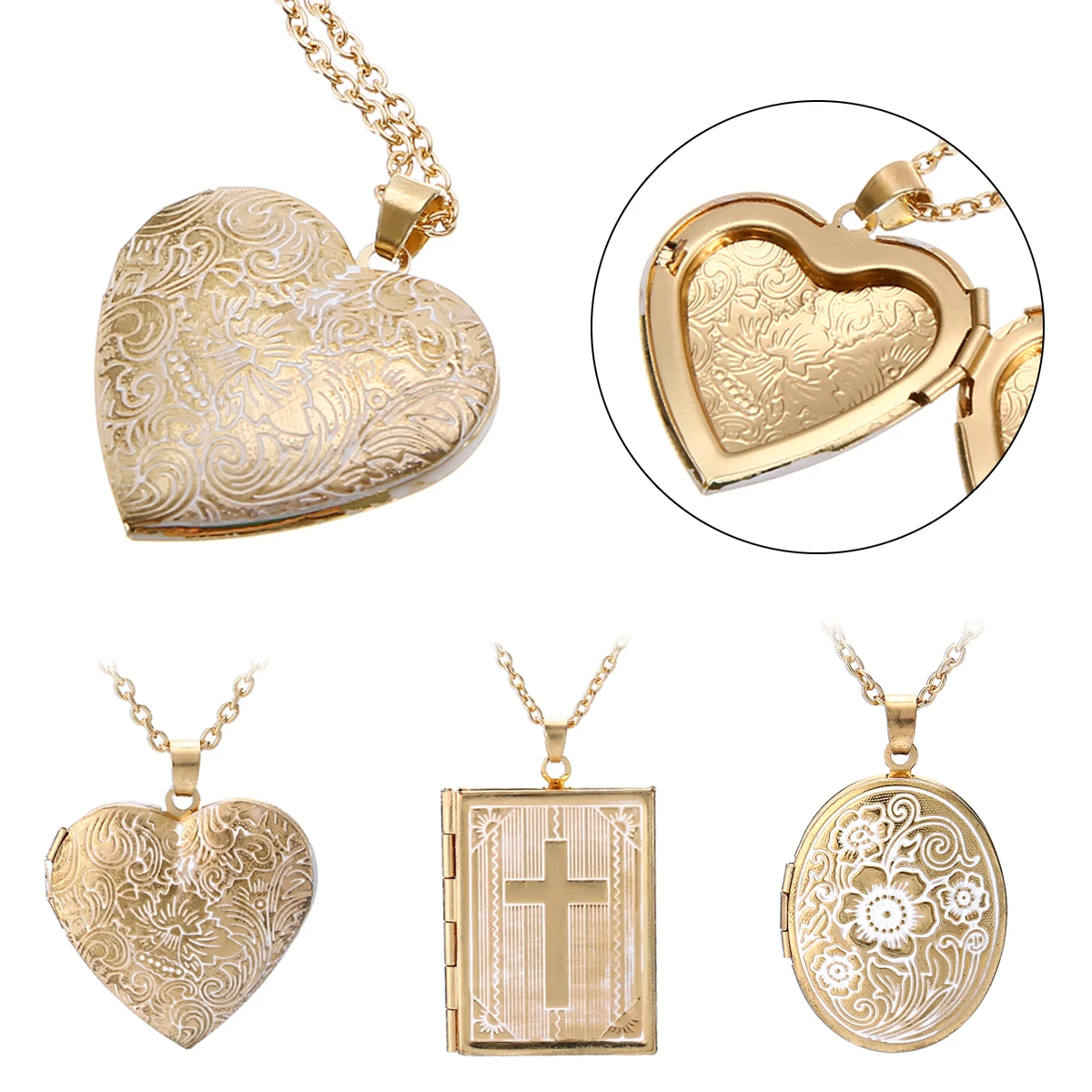 Carved Designs Heart Photo Frame Pendant Necklace Oval Floating Locket Women Men Fashion Memorial Jewelry | Украшения и