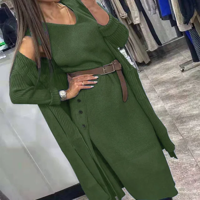 

Women's knitting Suit Two Piece Set Knit Cardigan Loose Sweater Coat with Belt