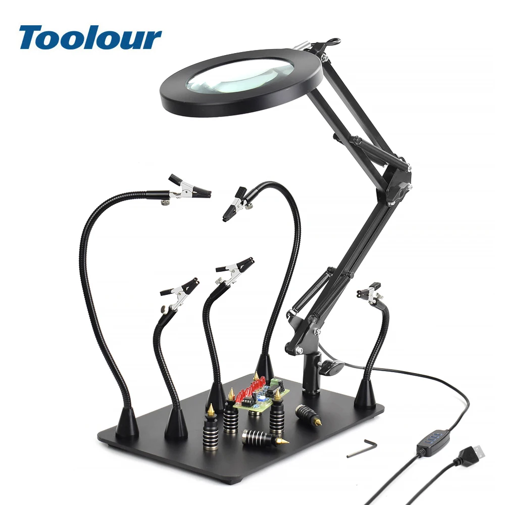 

Toolour Magnetic PCB Board Fixed Clip Flexible Arm Soldering Third Hand 5X/3X Magnifier Glass Soldering Iron Holder Repair Tools