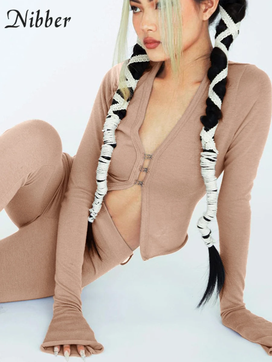 

Nibber однотонный Тонкий Модный повседневный комплект из двух предметов топ с глубоким V-образным вырезом + длинные брюки-клеш для сексуальных ...