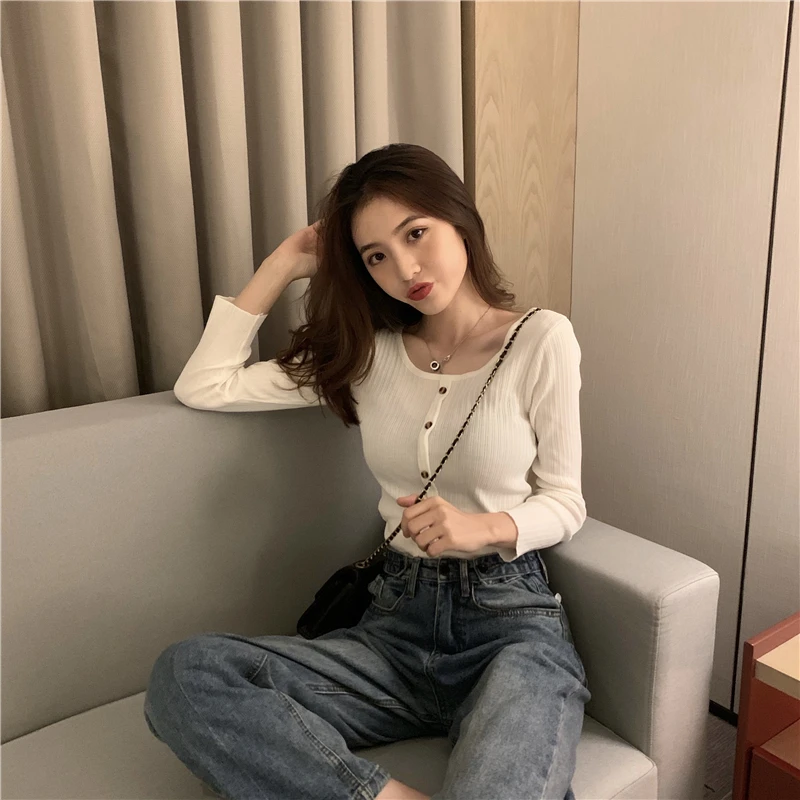 

Autumn leaking clavicle sweater women's square neck slim top all-match short long-sleeved tight-fitting bottoming shirt