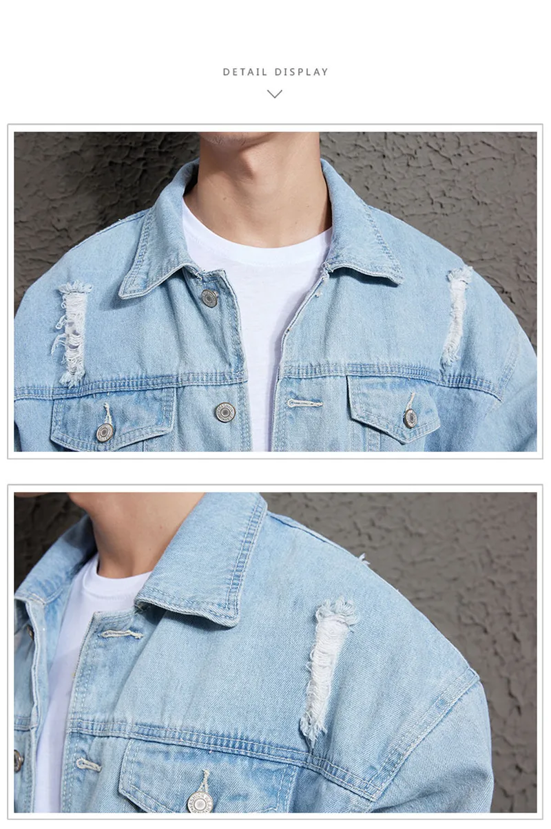 Джинсовая куртка Idopy Мужская хлопок однотонная повседневные рваные куртки