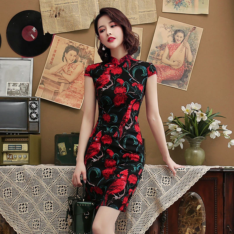 

Black Red Nightingale Chinese Cheongsam Dress Stretch Cotton And Linen Plus Size Chipao 4XL Sexy Traditional Vintage Qipao