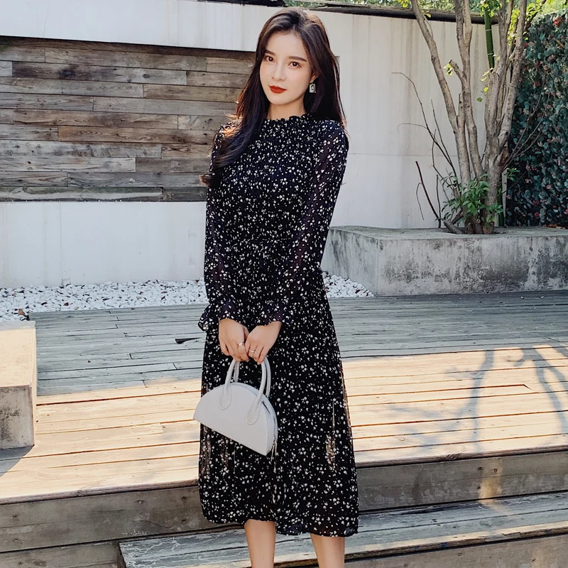 Женское шифоновое платье с длинным рукавом черное праздничное цветочным принтом