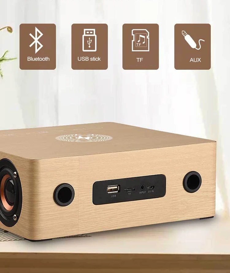 

Wood Bluetooth Speaker Wireless HIFI Bass Gun Built-in Mic Alarm Smart Touch Home Card Audio with FM FM Radio TF Card /USB/AUX
