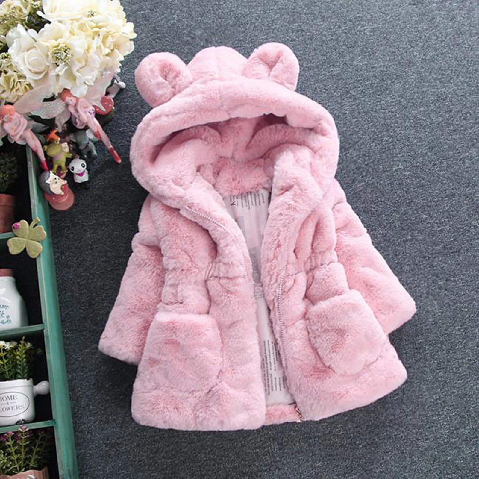 

12M~6Y Baby Girl Winter Jacket Solid Color Plush Cute Bear Ears Pocket Cardigan Girl Winter Thick Coat winterjas baby meisje E1