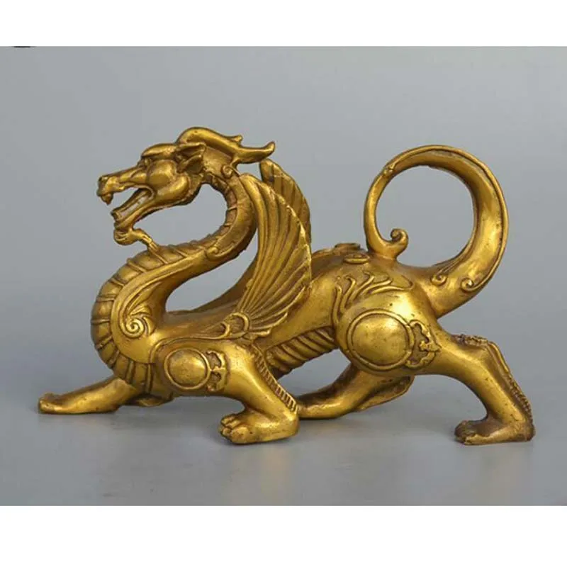 

Chinese Fengshui Pure Brass Evil Dragon Kylin Unicorn Wing Beast Statue