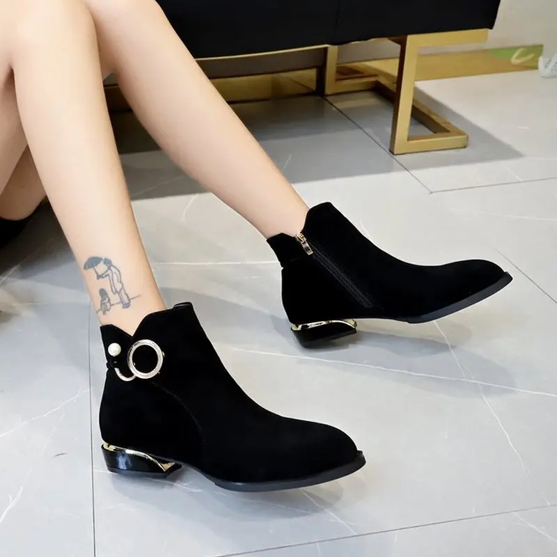 

Flock Ankle Boots for Women Thick Low Heels Plus Size 43 Solid Black Boots Metal Buckle Pearl Sexy Ladies Boots Female Booties