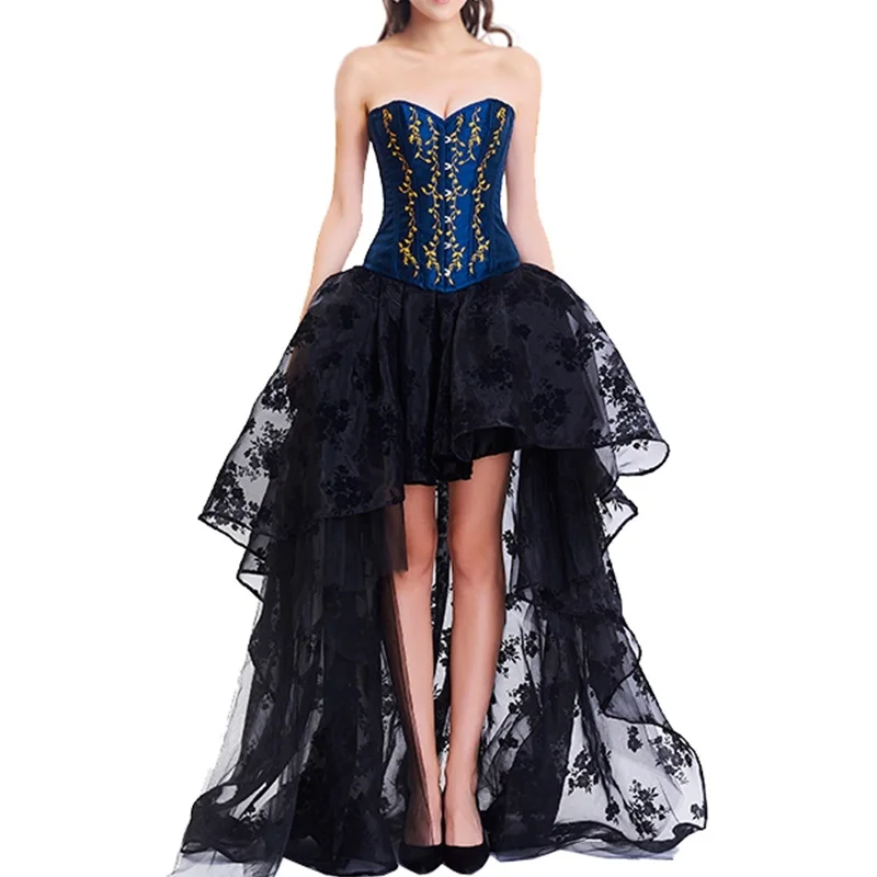 

Corset Dress Steampunk Bustier Gothic Corset Women Embroidery Lace Mesh Dress Floral Silky Party Wedding Long Ball Gown