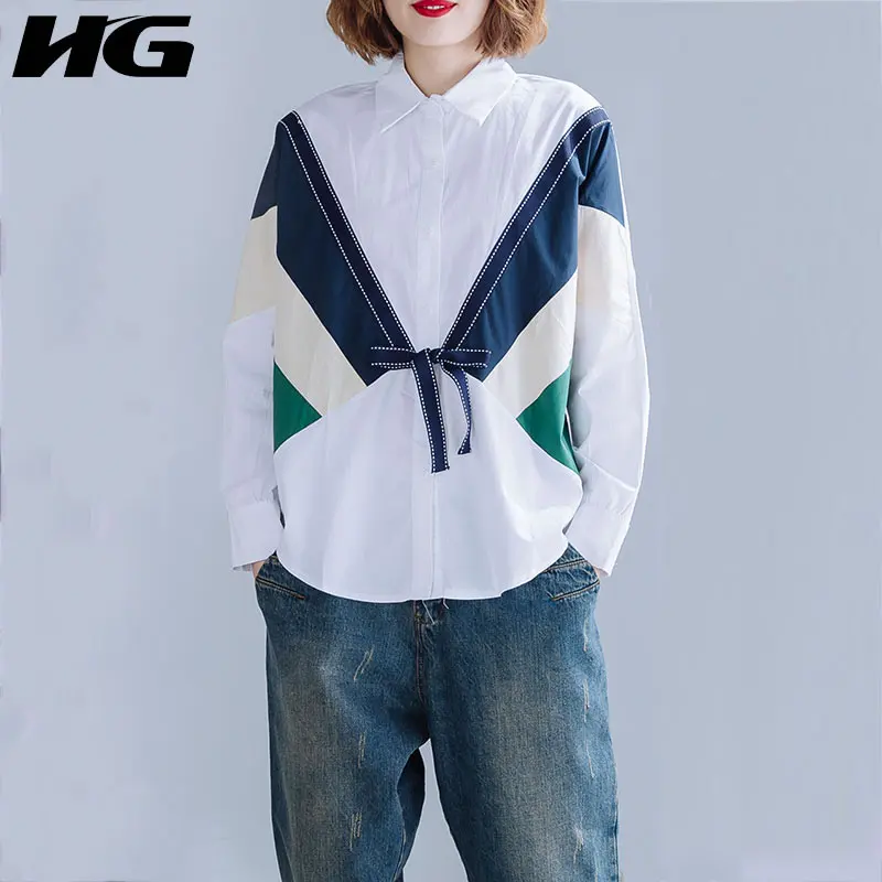 HG Сращивание контрастного цвета бант блузка женская свободная плюс размер