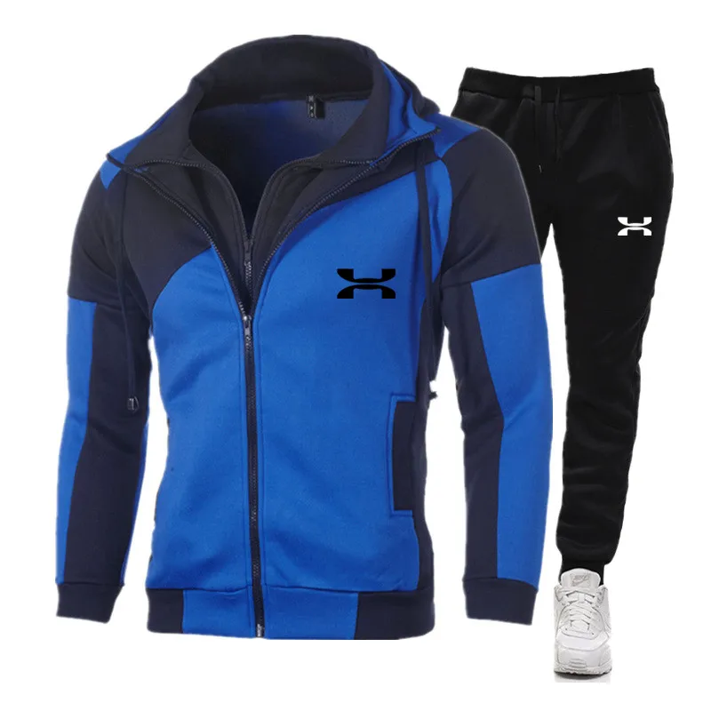 

2021 men's fashion striped long-sleeved hooded trousers suit men's slim sportswear fitness casual wear two-piece zipper shirt