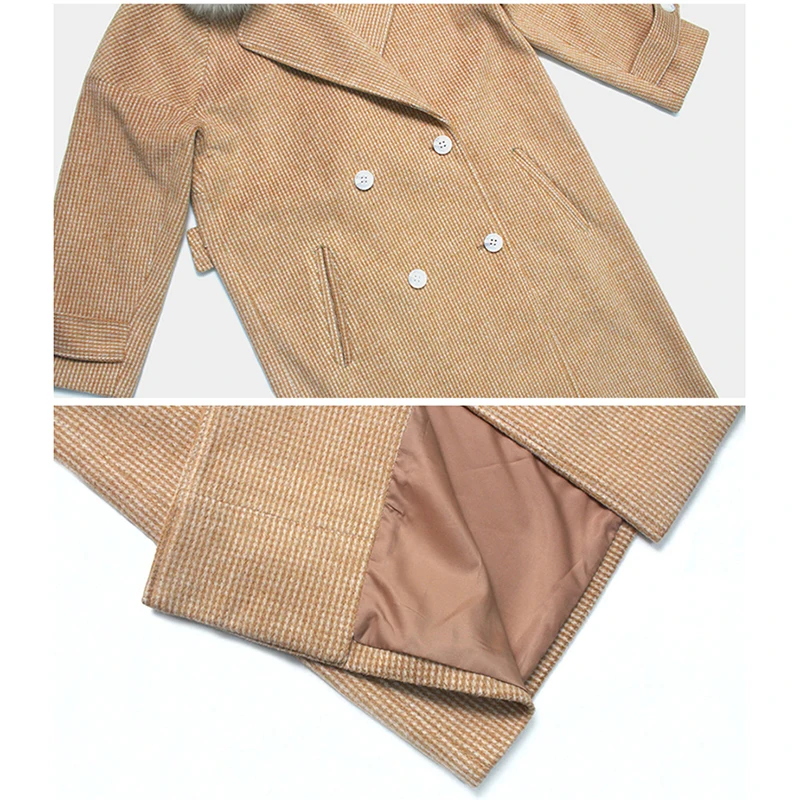 

Women Woolen Coat With Fur Collar Medium Long Plaid Jackets Double Breasted Long Sleeve Overcoat Lady Autumn Winter Street