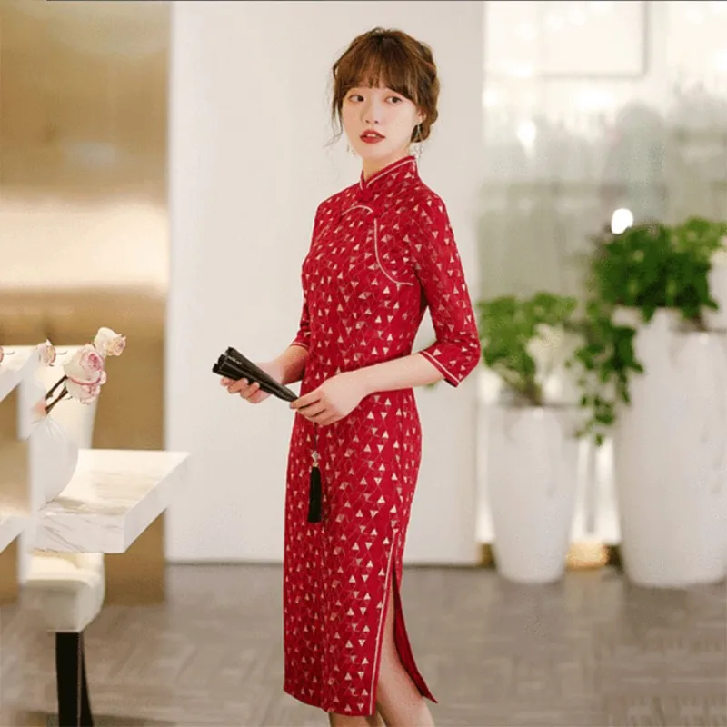 

Красное вечернее платье для вечеринки, велюровое винтажное платье-Ципао с воротником-стойкой и пуговицами, женское платье в китайском стил...