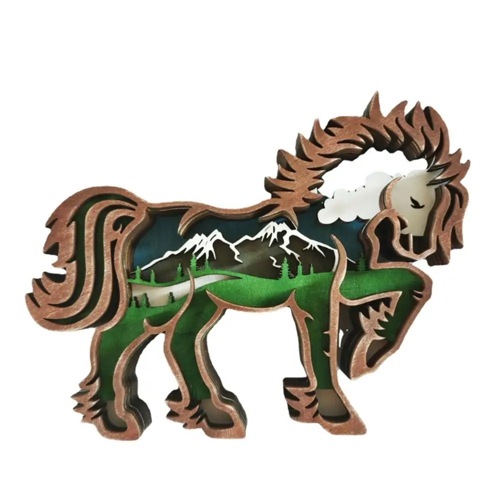

3D деревянный декор для животных, лошадь, украшение с многослойными горами, ретро лошадь, резная скульптура для стола, кабинета, рабочего сто...