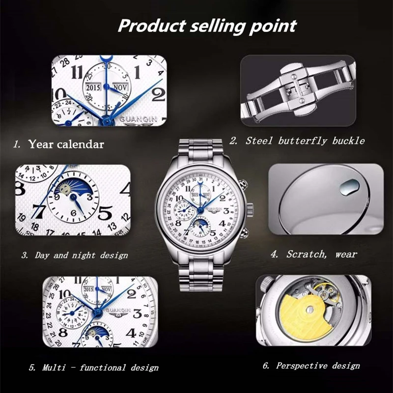 

GUANQIN Men's Automatic Mechanical Sapphire Watches Mens 2020 Luxury Waterproof Calendar Watch Men Moonphase Relogio Masculino