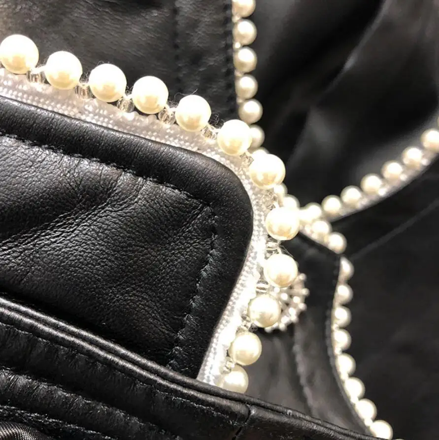 

Heavy work beading pearl deep V-neck PU leather vest waistcoat ladies spring autumn fashion personality sleeveless jacket s835