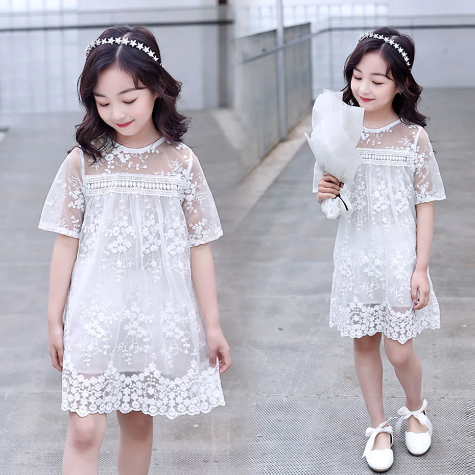 Summer Dress Girl White Color Dresses For Casual Style Kids Flower Embroidery Childrens Clothing | Детская одежда и обувь