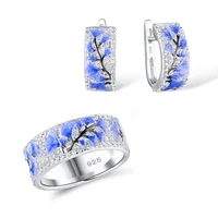 3pcsset women jewelry set elegant temperament blue ginkgo leaf flower silver hoop earrings ring set wedding banquet jewelry set