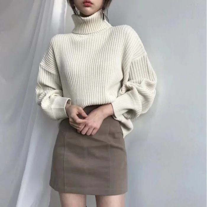 

Pullovers Chic All Match Striped Knitted Jumper Sueter Mujer Turtleneck Sweater Women 2021 Autumn Winter Korean Vintage