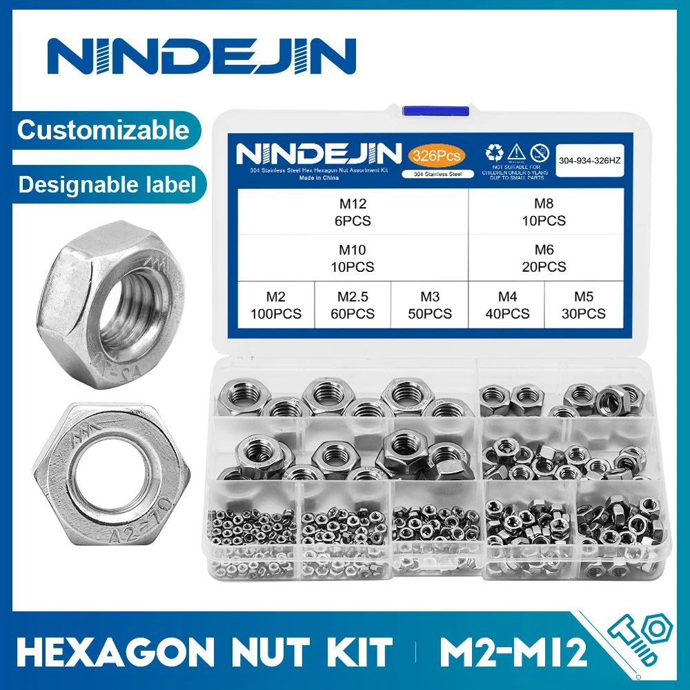 Набор шестигранных гаек nindjin, 326 шт., Набор шестигранных гаек M2 M2.5 M3 M4 M5 M6 M8 M10 M12 из нержавеющей стали, Набор шестигранных гаек DIN934 - изображение