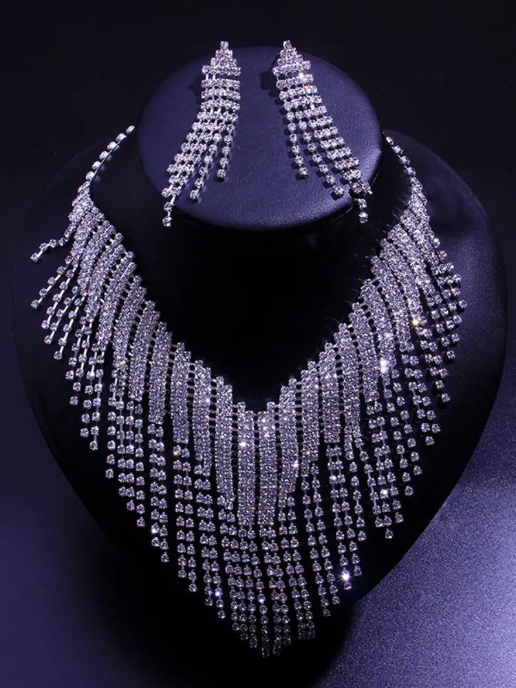 

SRUBY Fashion New Rhinestone Necklace Set Bridal Wedding Tassel Jewelry Set Silver Necklace 2021