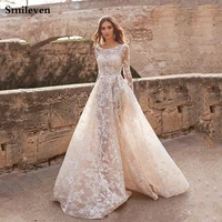 smileven champagne princess wedding dresses long sleeve lace bride dresses appliqued lace boho wedding gowns custom made