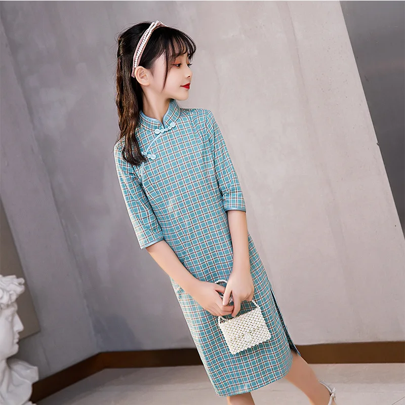 

Parent-child wear mother and women's dress girls cheongsam and spring autumn 2021 Chinese style period long plaid