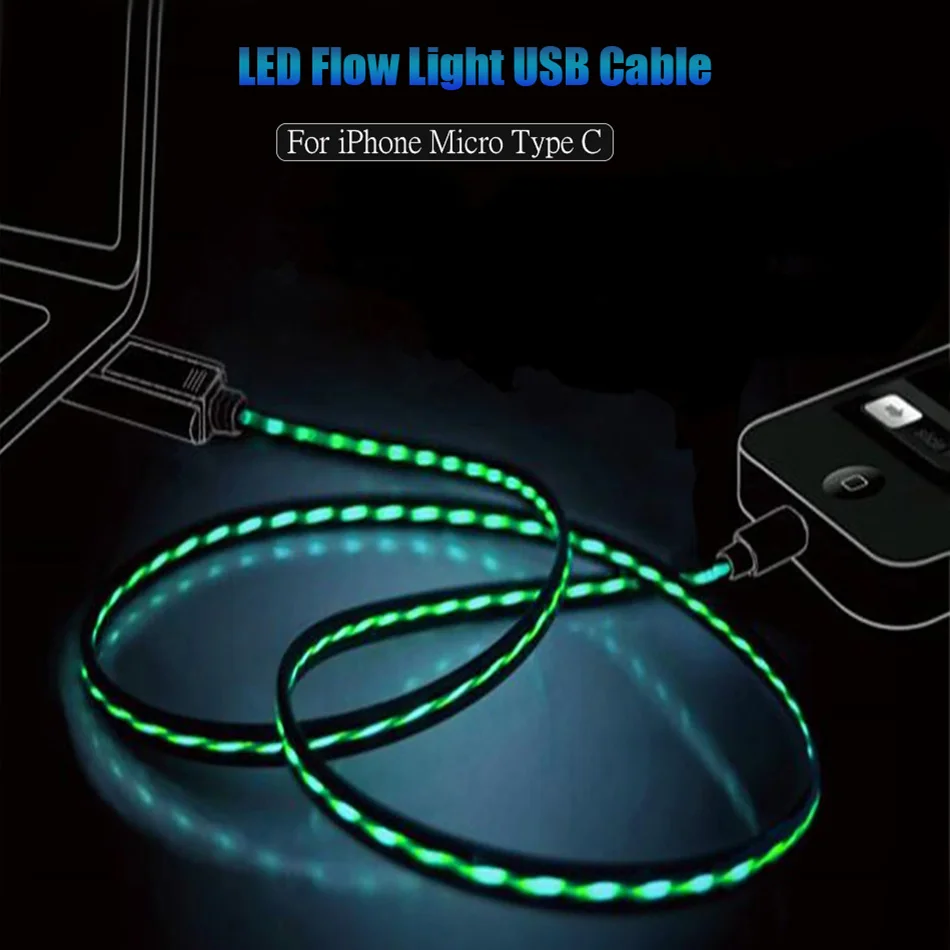 USB C кабель для быстрой зарядки для iPhone samsung huawei Micro usb type C светодиодный светящийся зарядный кабель провод для зарядки мобильного телефона