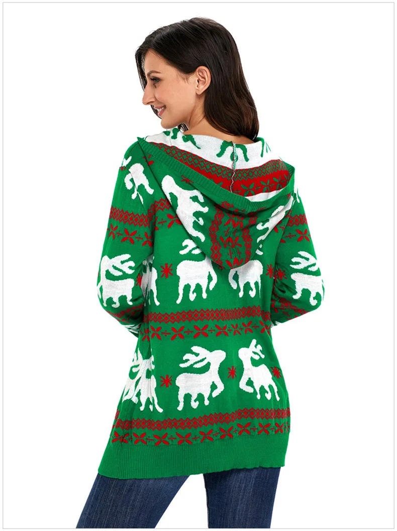 Женский свитер с капюшоном вязаный пуловер оленями цвет белый зеленый черный