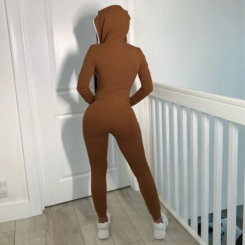 

Hawthaw Women Autumn Winter Zipper Hooded Bodycon Soild Color Sportswear Jumpsuit Playsuit Romper 2020 Fall Clothes Streetwear