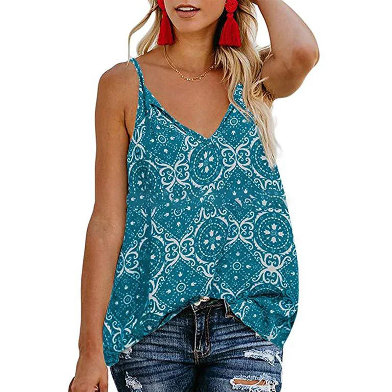 

Cross-Border Supply 2020 Summer European and American New Printed Sling V-neck Factory Wholesale Women's Top Vest