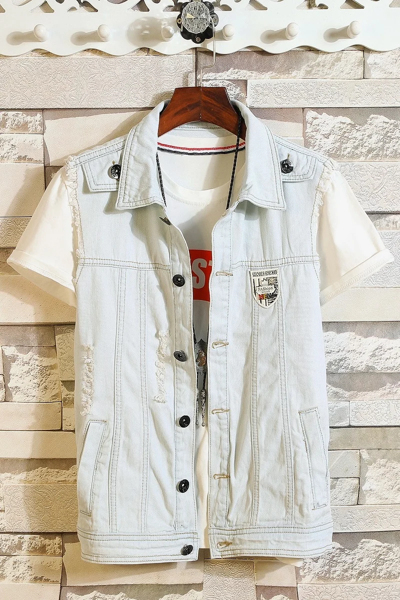 

Men Denim Jackets Vest Light Blue Holes Jean Coats New Summer Sleeveless Vest High Quality Men Cotton Vest Denim Coats Size 4XL