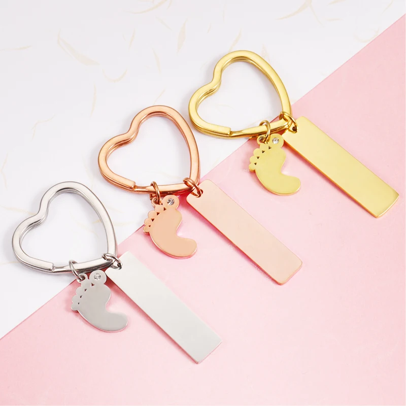 

10Pcs Mirror Polish Stainless Steel Heart Keyrings Crystal Baby Feet Keychains For DIY Custom Name Womens Mens Car Key Jewelry